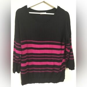 Women's Black Crewneck Sweater with Pink Stripes
